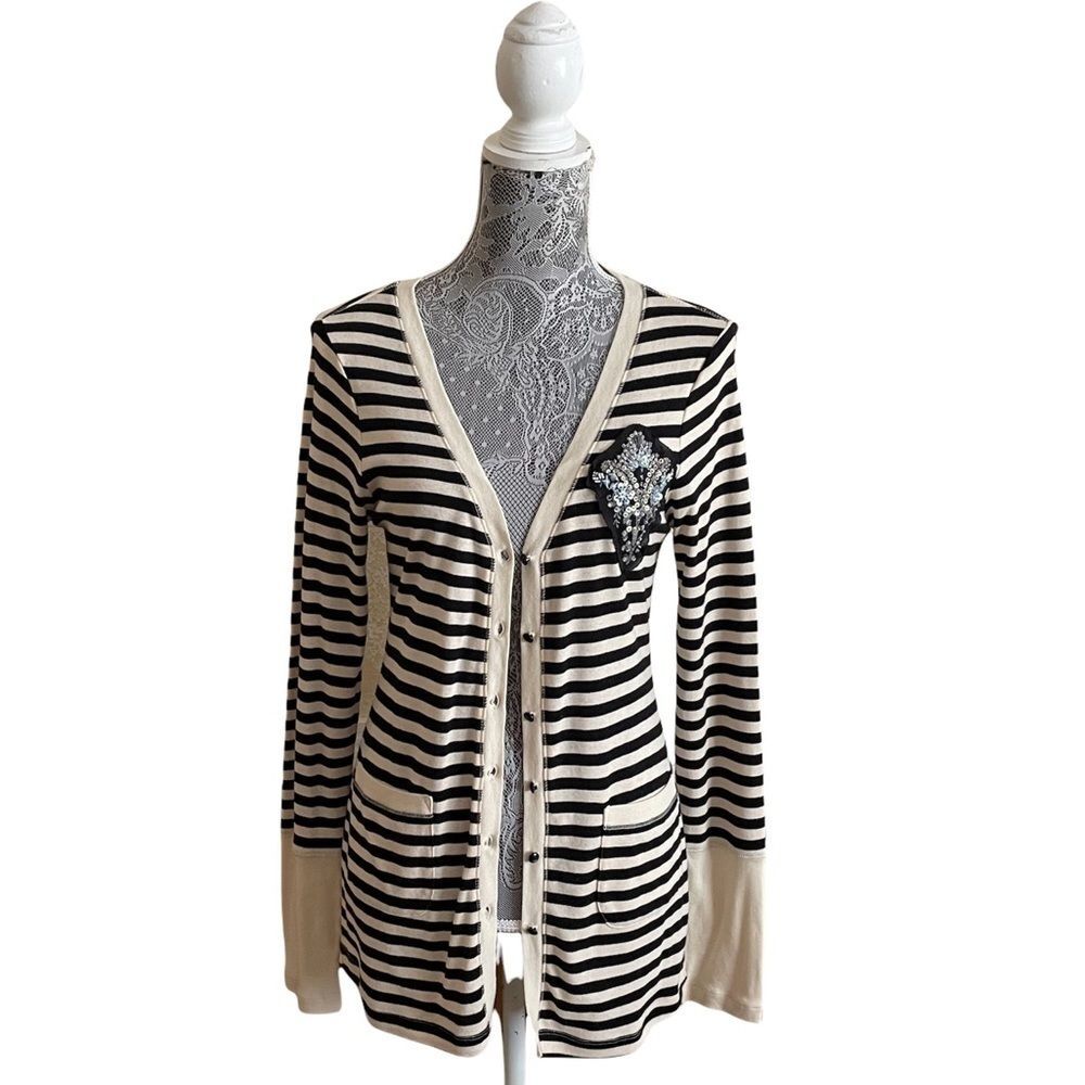 ANTHROPOLOGIE Tiny Striped Cardigan With Sequin Embellishment Size Petite Small